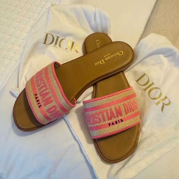 Dior Dway Pink and Tan Slide Slides with Raffia - Picture 1 of 5